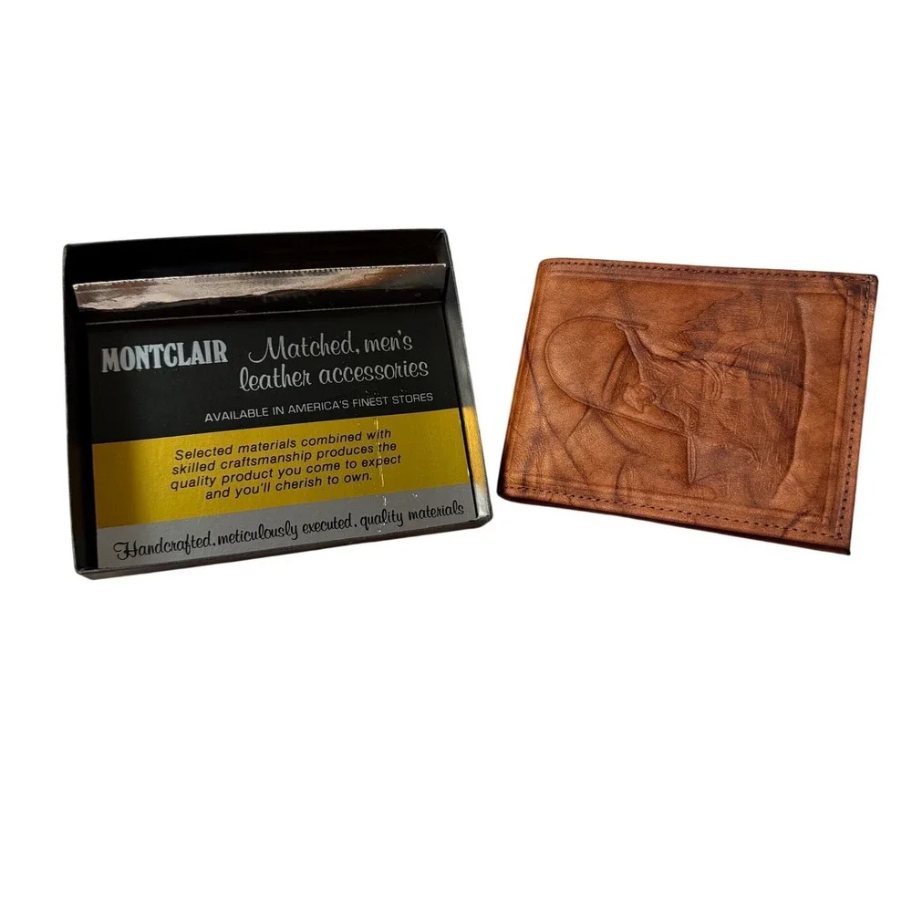 Montclair Vintage Embossed Leather Fisherman Bifold Wallet Brown Handcrafted Box